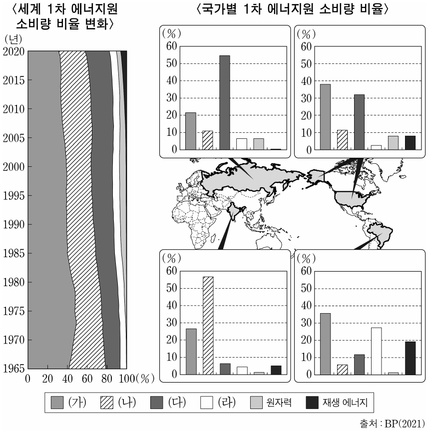 다음 자료에 대한 설명으로 옳은 것은? (단, (가)~(라)는 각각 석유, 석탄, 수력, 천연가스 중 하나임.)