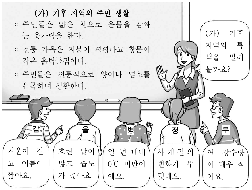 다음은 지리 수업 장면이다. 교사의 질문에 옳게 답한 학생을 고른 것은?
