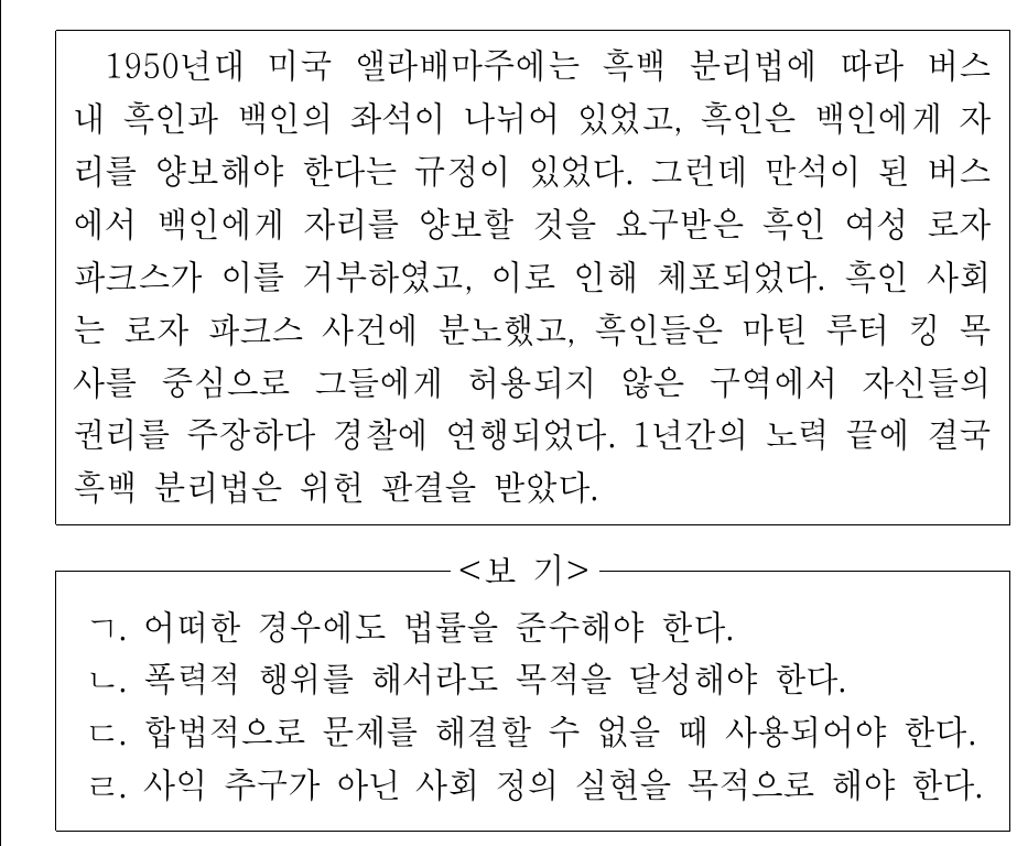 다음 사례에 나타난 운동이 정당화되기 위한 조건만을 <보기>에서 있는 대로 고른 것은?