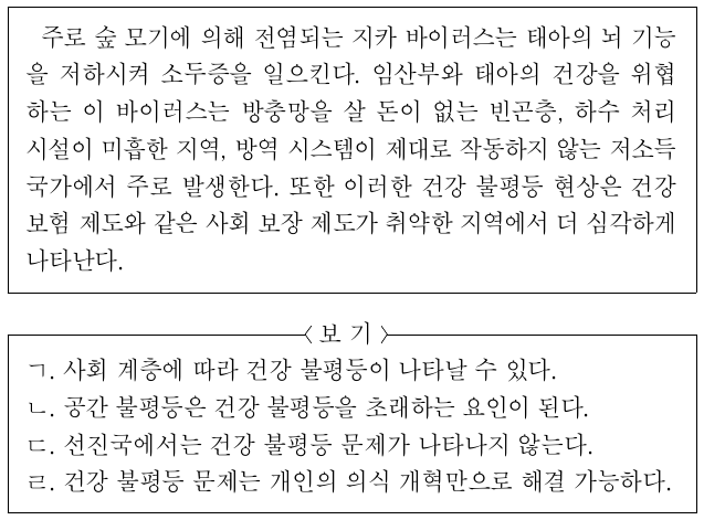 다음에서 나타나는 건강 불평등 문제에 대한 옳은 설명을 <보기>에서 고른 것은?