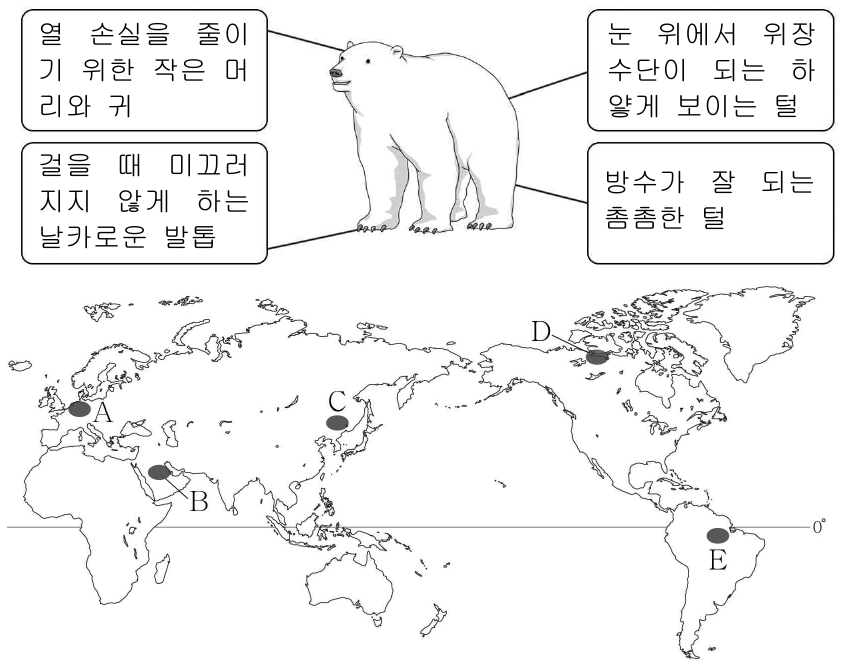다음은 자연 탐사를 하면서 어느 동물의 특징을 기록한 것이다. 탐사 지역을 지도의 A ~ E에서 고른 것은?
