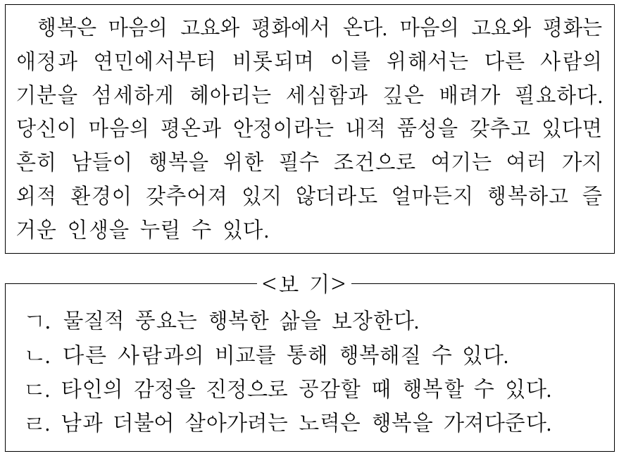 행복과 관련하여 다음 글에서 강조하고 있는 내용만을 <보기>에서 고른 것은?