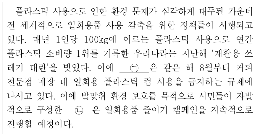 환경 문제 해결을 위한 밑줄 친 ㉠, ㉡의 활동으로 적절하지 않은 것은? (단, ㉠, ㉡은 각각 정부와 시민 단체 중 하나이다.)