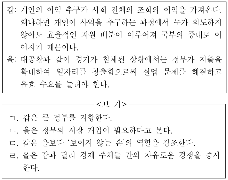 경제학자 갑, 을의 주장에 대한 옳은 설명만을 <보기>에서 고른 것은?