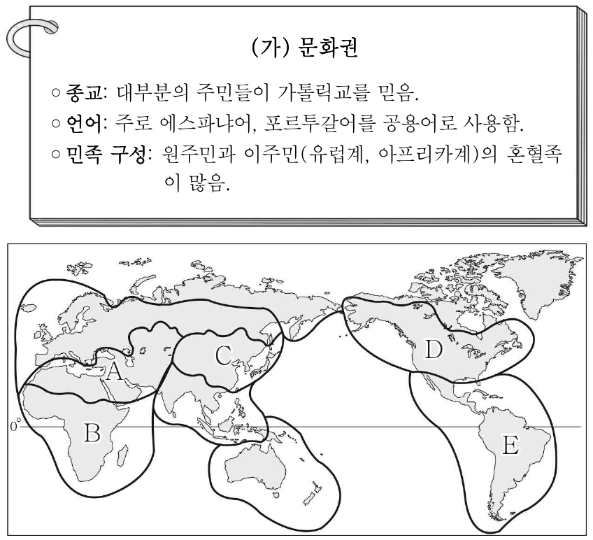 다음 자료의 (가) 문화권에 해당하는 지역을 지도의 A ~ E에서 고른 것은?