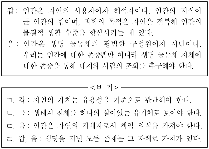 갑, 을의 입장으로 적절한 것만을 <보기>에서 고른 것은?