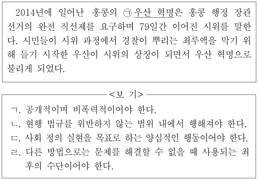밑줄 친 ㉠이 시민 불복종으로서 정당화되기 위한 조건만을 <보기>에서 있는 대로 고른 것은?