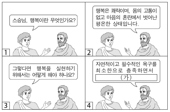 그림은 어느 사상가와 나눈 가상 대화이다. (가)에 들어갈 내용으로 가장 적절한 것은?