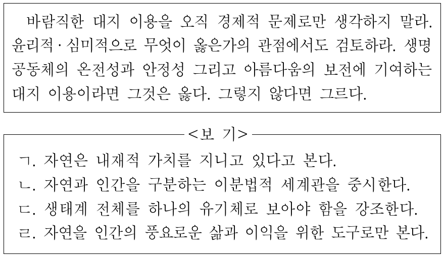 다음 글에 나타난 자연관에 대한 옳은 설명만을 <보기>에서 고른 것은?
