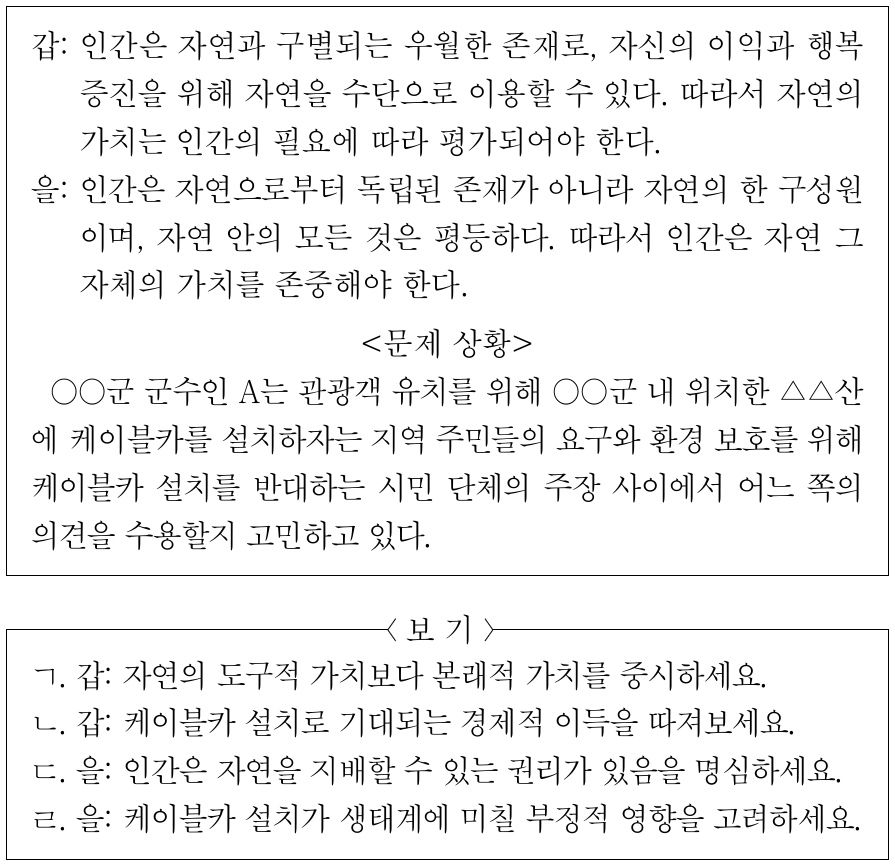 갑, 을의 입장에서 <문제 상황> 속 A에게 제시할 적절한 조언만을 <보기>에서 고른 것은?