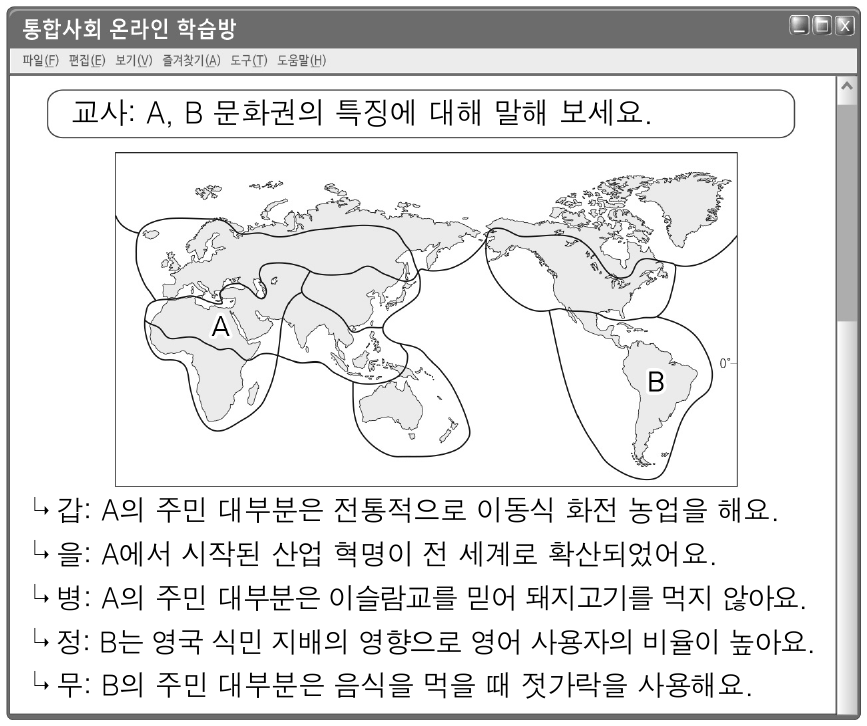 다음은 통합사회 온라인 수업 장면이다. 교사의 질문에 옳게 대답한 학생은?