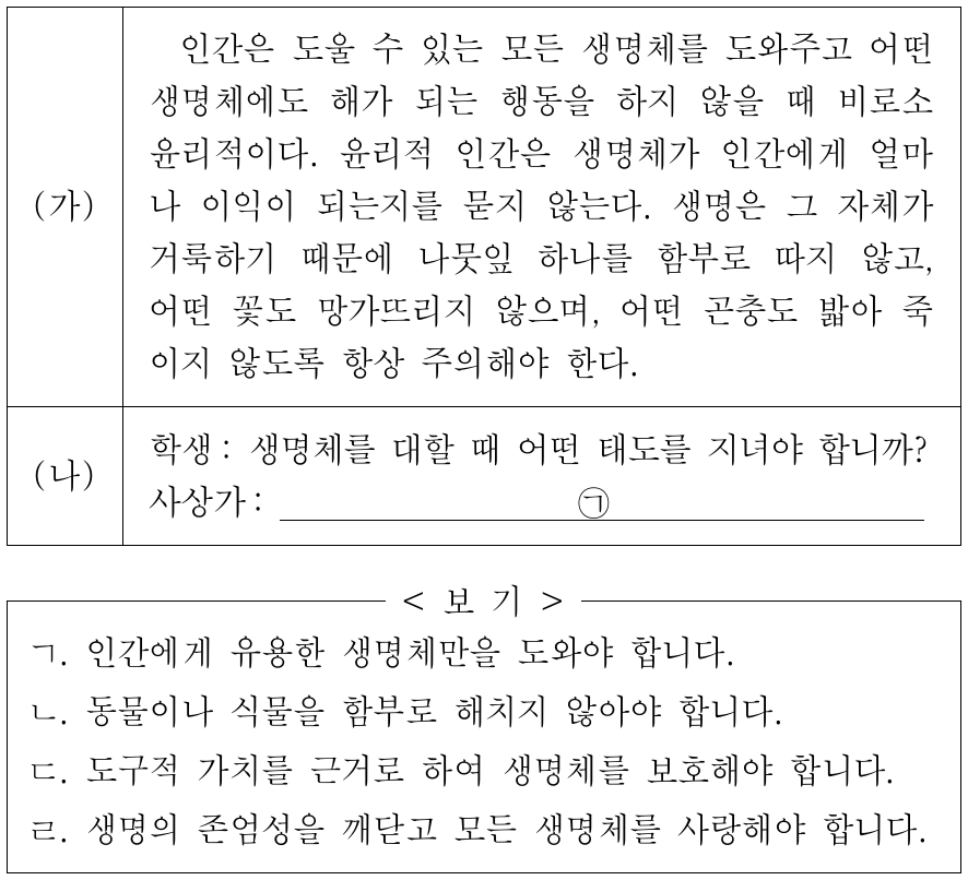 (가)를 주장한 사상가의 입장에서 볼 때, (나)의 ㉠에 들어갈 내용으로 적절한 것만을 <보기>에서 고른 것은?