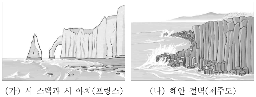 (가), (나) 지형의 형성 과정을 설명할 때, 공통적으로 포함되는 지형 형성 작용으로 옳은 것은?