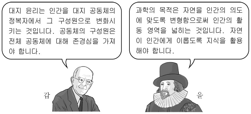 다음은 갑, 을의 가상 대화이다. 갑, 을의 입장으로 가장 적절한 것은? (단, 갑, 을의 입장은 각각 인간 중심주의, 생태 중심주의 중 하나이다.)