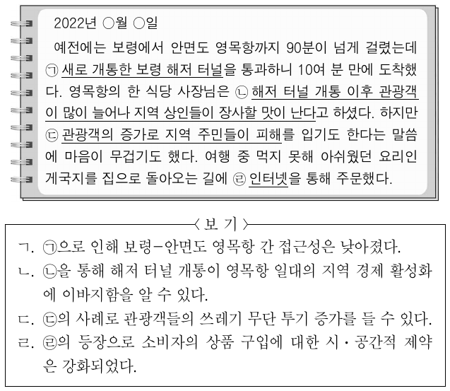 다음은 어느 학생이 쓴 일기이다. 밑줄 친 ㉠∼㉣에 대한 옳은 설명만을 <보기>에서 고른 것은?