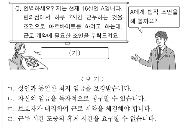 다음은 청소년 노동 인권에 대한 수업 장면이다. (가)에 들어갈 학생의 옳은 답변만을 <보기>에서 고른 것은?