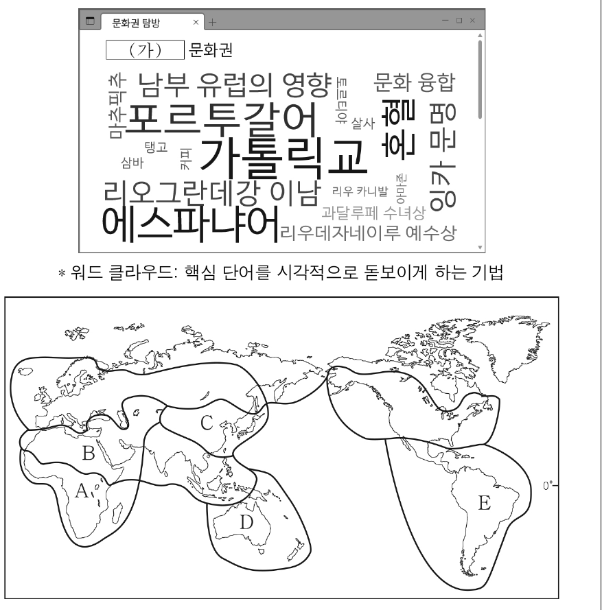다음 자료는 어떤 문화권의 특징을 워드 클라우드로 표현한 것이다. (가)에 해당하는 문화권을 지도의 A ～ E에서 고른 것은?