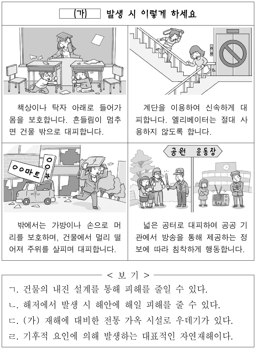 다음 자료는 어느 자연재해 발생 시 행동 요령의 일부이다. (가)에 대한 설명으로 옳은 것만을 <보기>에서 고른 것은?