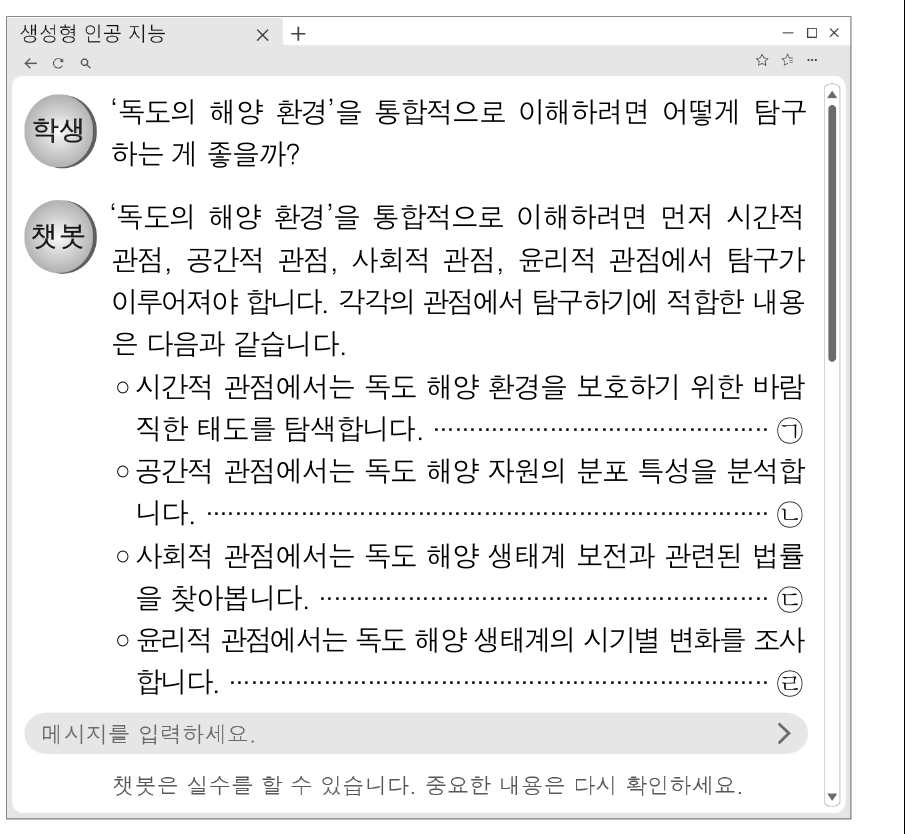 다음 자료는 학생이 생성형 인공 지능과 대화한 내용의 일부이다. ㉠ ~ ㉣ 중 옳은 진술만을 고른 것은?