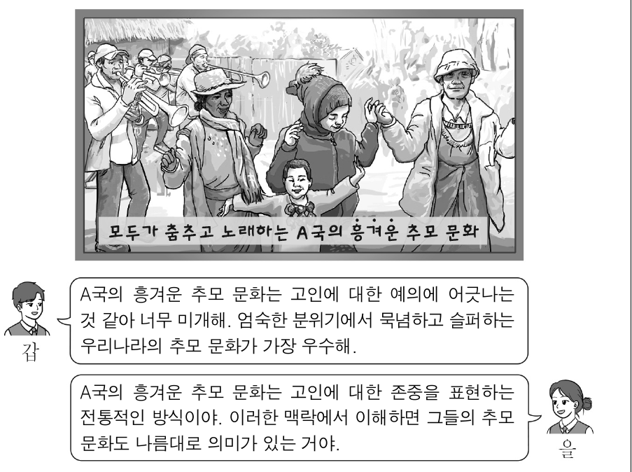 다음 자료에 나타난 갑, 을의 문화 이해 태도에 대한 설명으로 옳은 것은?